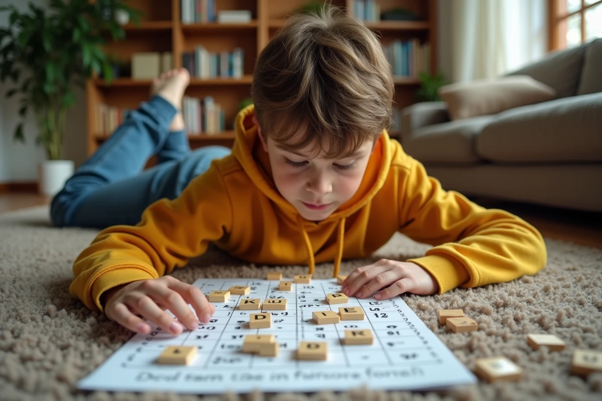 Adolescent jouant avec des lettres et un carnet de mots