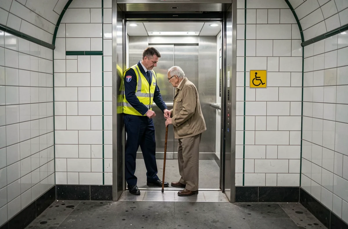 Agent RATP aidant un senior en situation de handicap à l'ascenseur d'une station du métro ligne 4