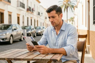 Touriste consultant son smartphone après avoir reçu une amende de stationnement en Espagne