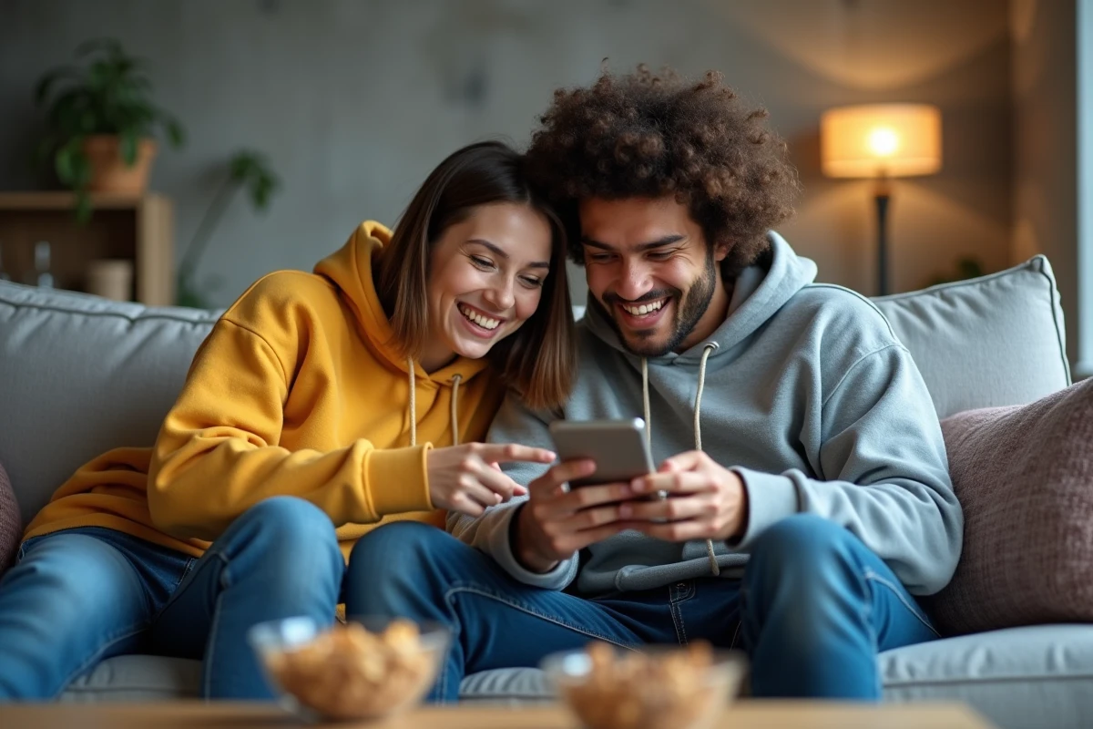Deux amis jouant ensemble à un jeu d'énigmes d'évasion sur smartphone dans un appartement moderne