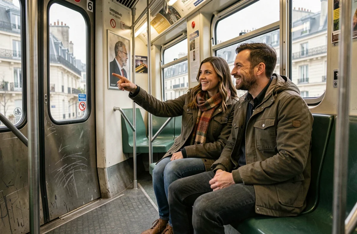 Deux amis dans une rame du métro parisien ligne 6 pointant une station depuis la fenêtre lors de leur premier trajet