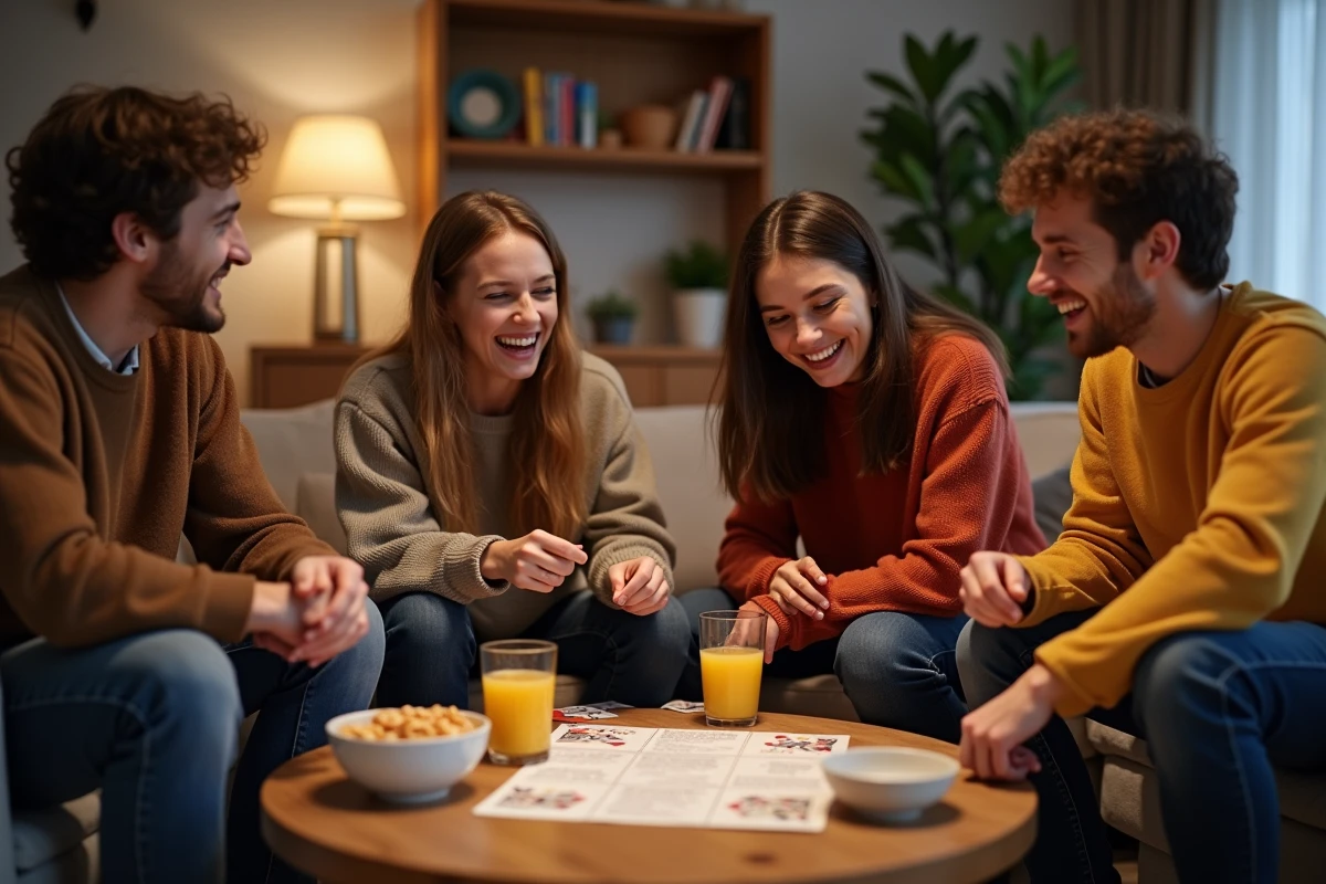 Groupe d'amis consultant la règle imprimée du jeu Palmier lors d'une soirée conviviale