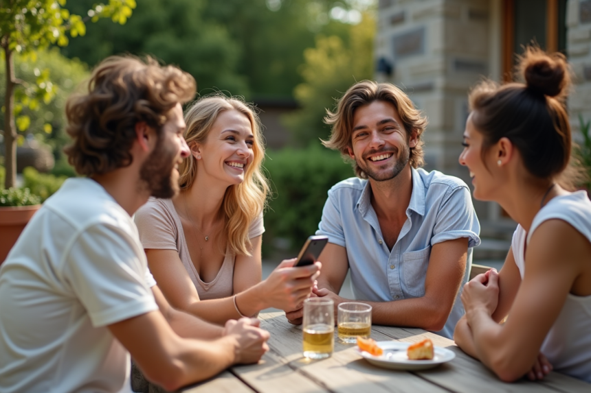 Groupe d'amis souriants autour d'une table en vacances