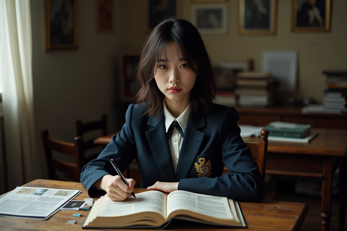 Jeune femme analysant un manga de villain aux yeux de renard entourée de théories et de notes de fans dans une pièce d'étude intimiste