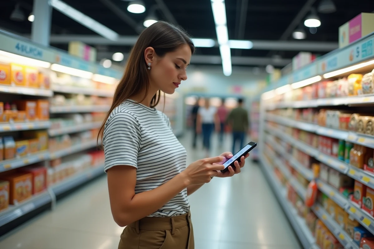 Cliente vérifiant ses codes promo fidélité Carrefour Drive sur application mobile en magasin
