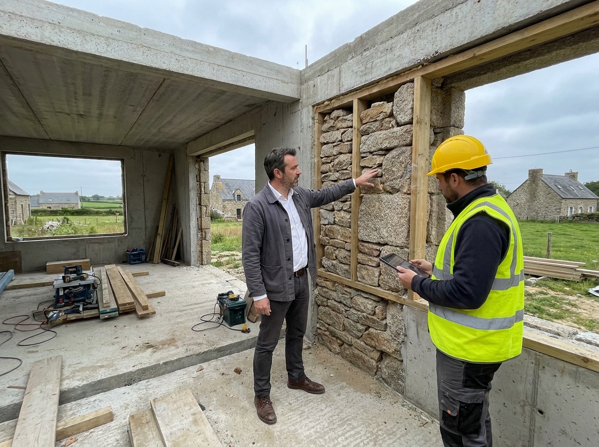 Architecte et chef de chantier inspectant la structure d'une maison en construction en Bretagne