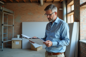 Architecte homme vérifiant plans d'isolation dans bâtiment en rénovation