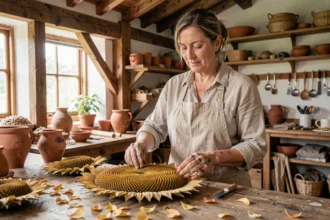 Artisane en tablier de lin arrangeant des tournesols séchés sur un établi en bois pour créer un art solaire fait main