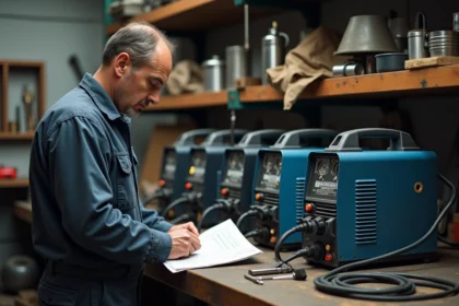 Homme moyenâgeux examinant machines à souder MMA dans un atelier