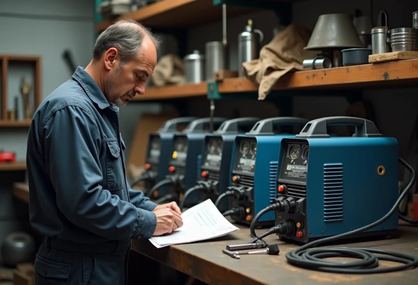 Homme moyenâgeux examinant machines à souder MMA dans un atelier