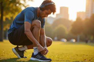 Jeune athlète nouant ses chaussures de course avec des écouteurs sans fil