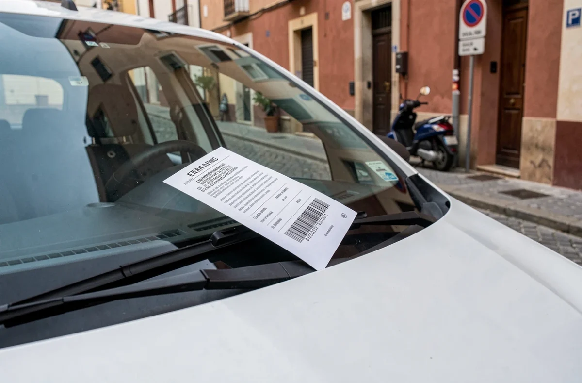 Avis d'amende de stationnement glissé sous l'essuie-glace d'une voiture de location en Espagne