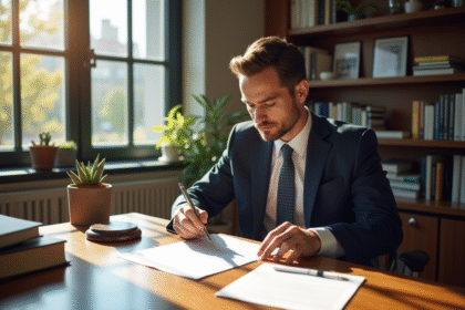 Avocat dans un bureau lumineux examinant un contrat