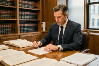 Avocat en costume marine examinant des documents juridiques à son bureau dans un cabinet professionnel, illustrant la notion juridique de NORIAS