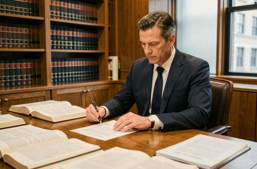 Avocat en costume marine examinant des documents juridiques à son bureau dans un cabinet professionnel, illustrant la notion juridique de NORIAS