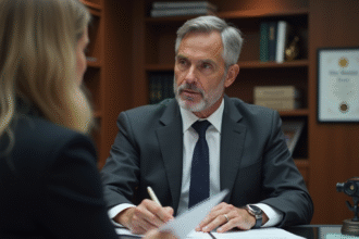 Avocat en costume gris expliquant un contrat à une cliente