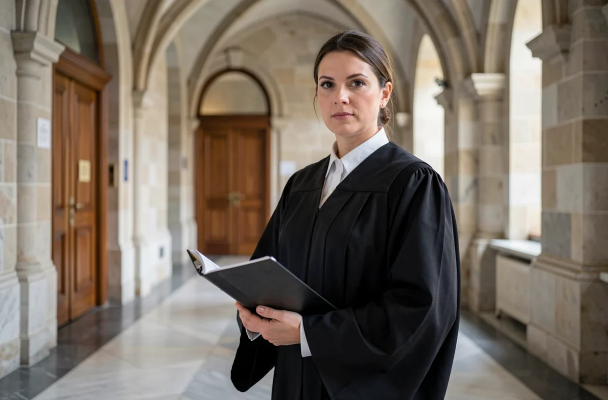 Avocate Jennifer Neveu en robe de palais dans un couloir du palais de justice, spécialisée en droit pénal et droit de la famille