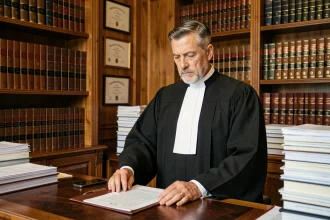 Avocat en robe noire dans son cabinet juridique examinant des documents officiels, illustration du titre Maître dans la profession d'avocat