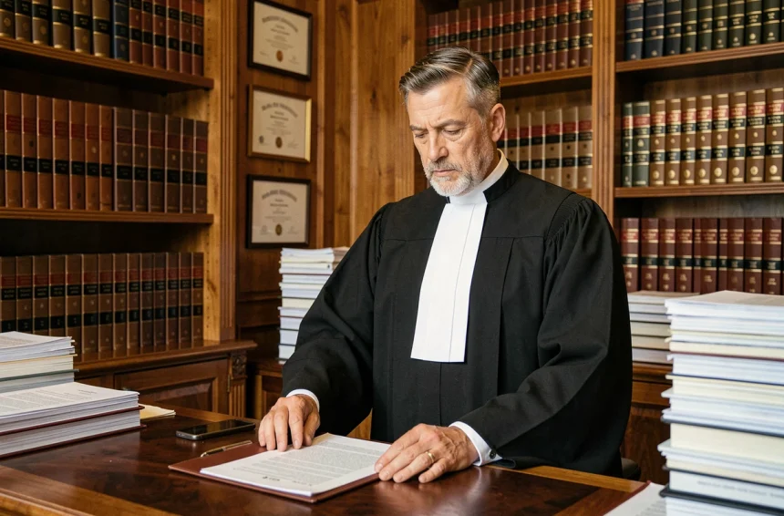Avocat en robe noire dans son cabinet juridique examinant des documents officiels, illustration du titre Maître dans la profession d'avocat