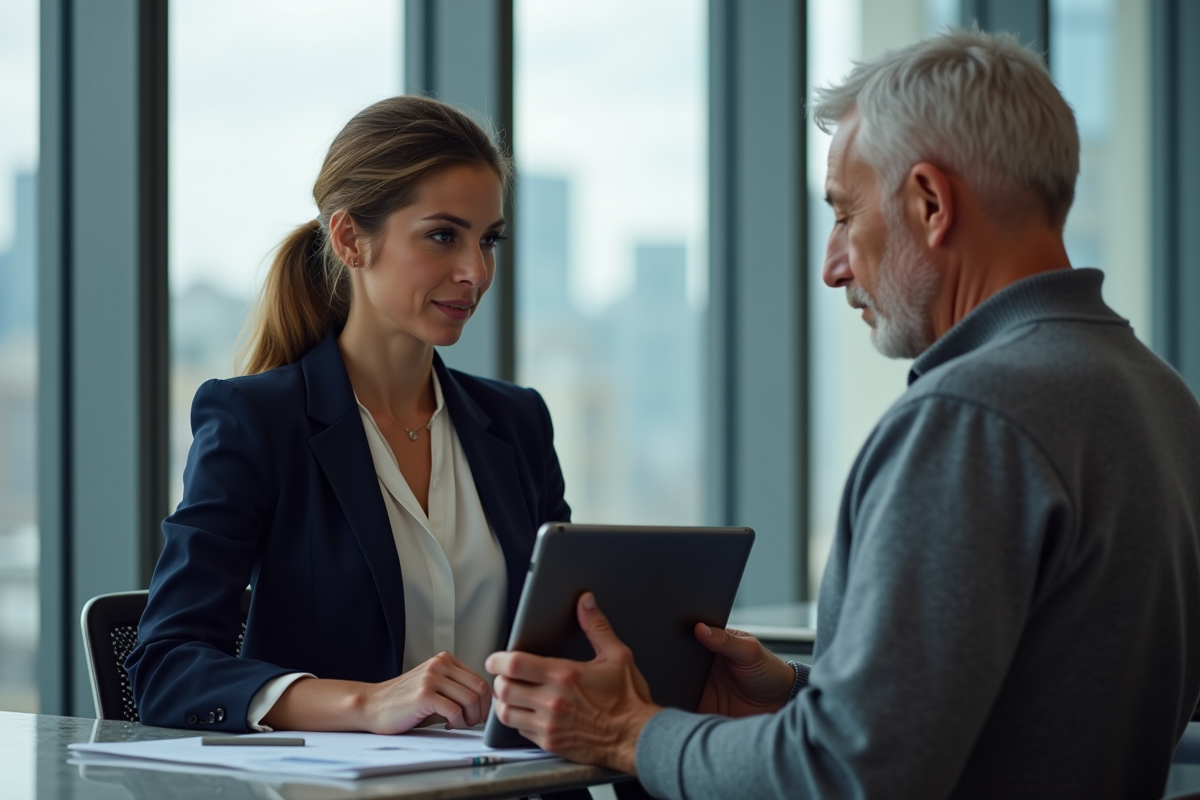 Avocate en blazer bleu examinant des factures sur une tablette