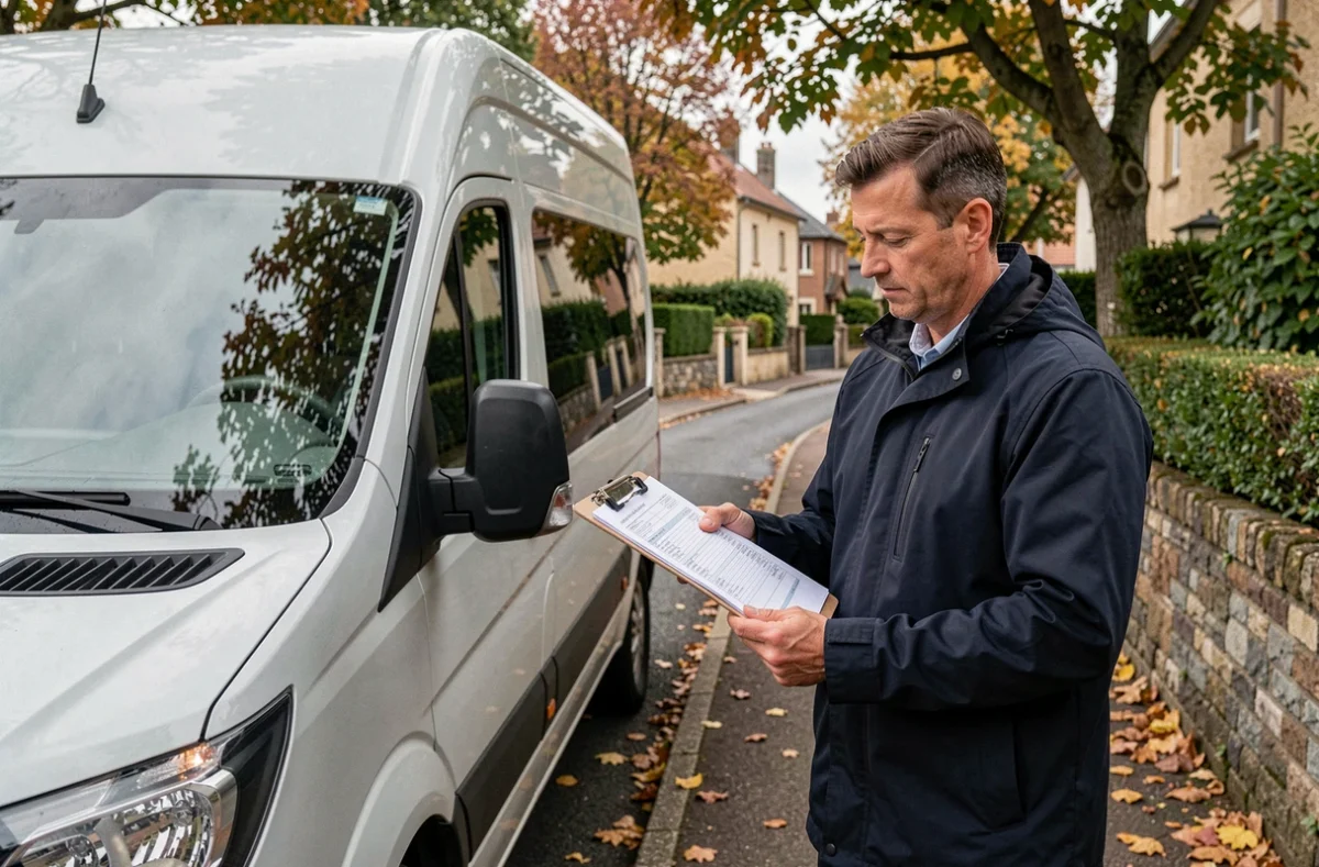 Chauffeur professionnel de BD Driver Services consultant un bordereau de livraison devant un van dans une rue résidentielle