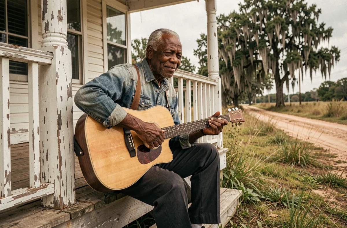 Vieux bluesman américain à la guitare acoustique sur le porche d'une maison rurale du Mississippi