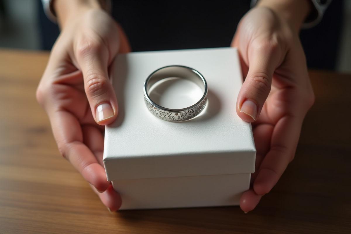 Mains tenant un bracelet en argent gravé sur une boîte blanche