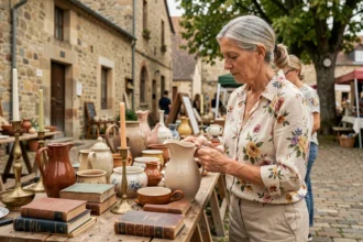Femme examinant une cruche en céramique ancienne sur un stand de brocante en plein air en Meurthe-et-Moselle