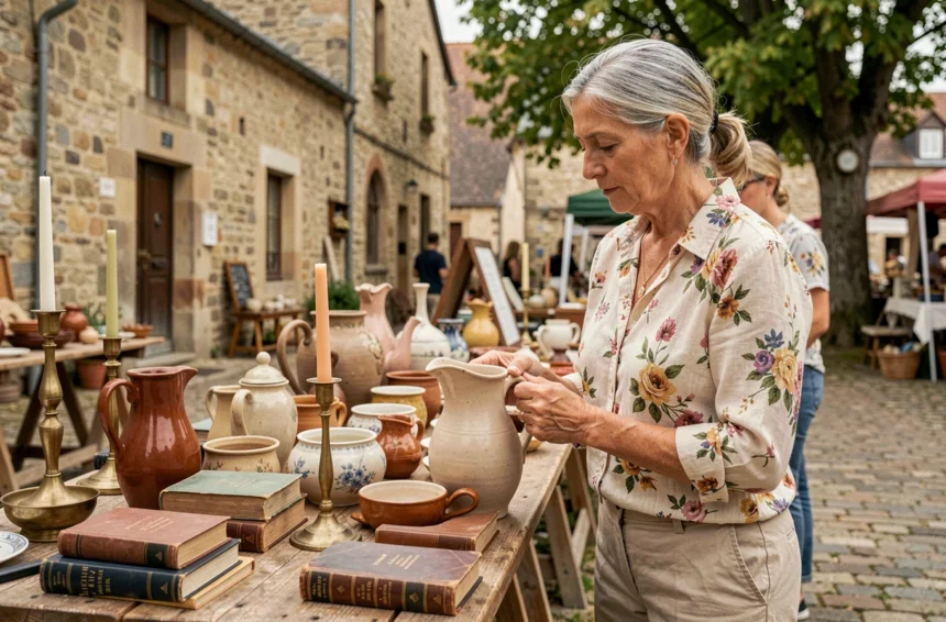 Femme examinant une cruche en céramique ancienne sur un stand de brocante en plein air en Meurthe-et-Moselle