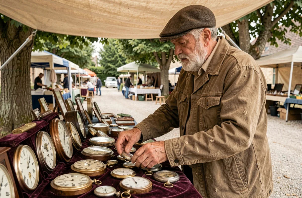 Vendeur âgé arrangeant une collection de pendules et montres anciennes sur un stand de brocante en Lorraine