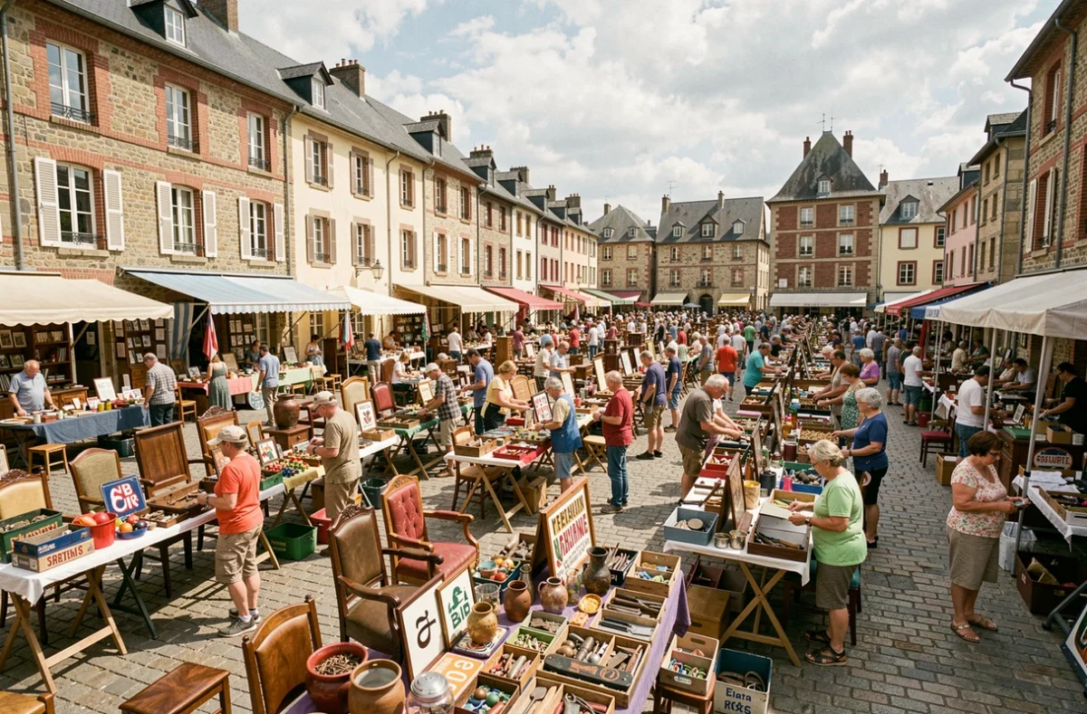 Vue panoramique d'un marché aux puces animé sur une place de village en Meurthe-et-Moselle en été