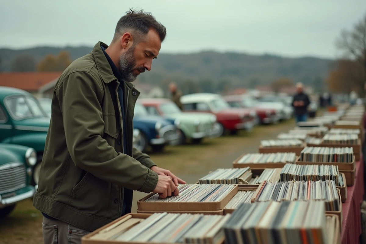 Homme feuilletant des vinyles anciens sur un vide-grenier de Haute-Loire lors d'une brocante en plein air