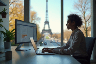 Bureau moderne à Paris avec vue sur la Tour Eiffel