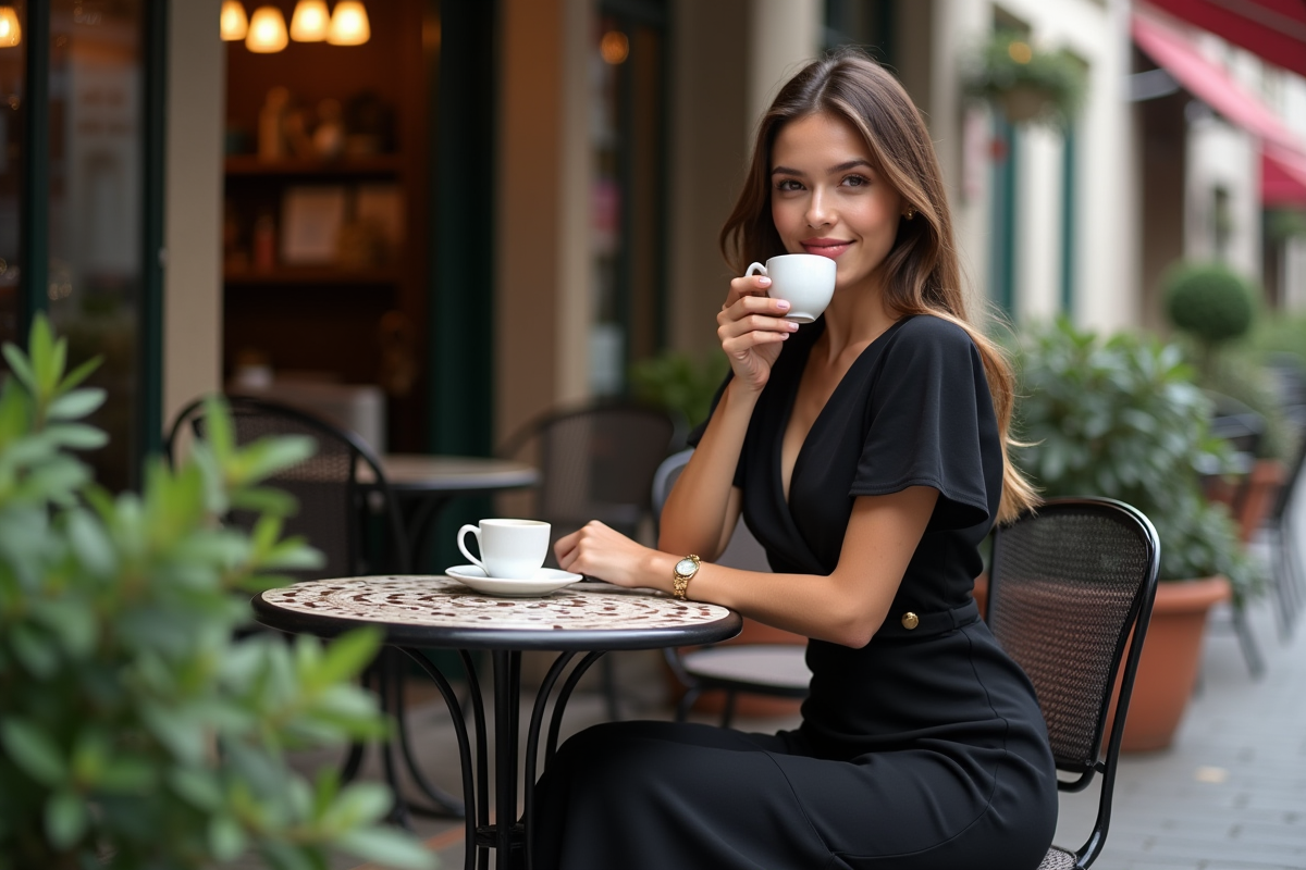 Jeune femme au café parisien moderne en journée