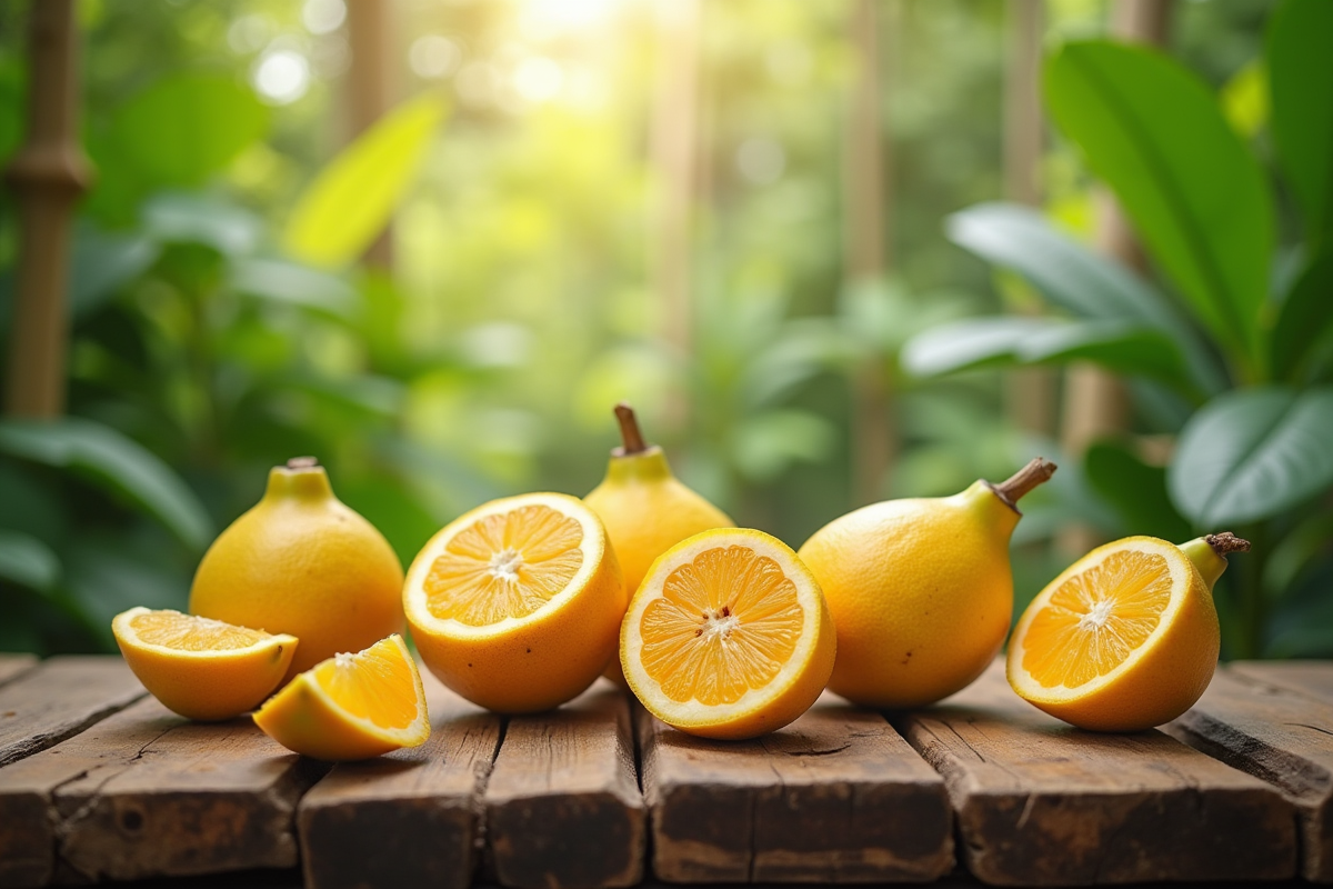 Caramboles entières et tranchées dans un jardin tropical