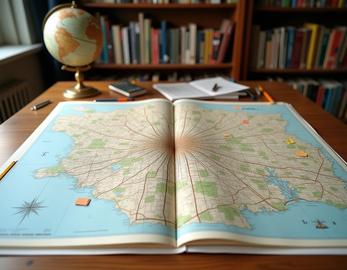 Bureau de cartographe avec des cartes comparatives des superficies de Paris, Lyon, Marseille et Bordeaux