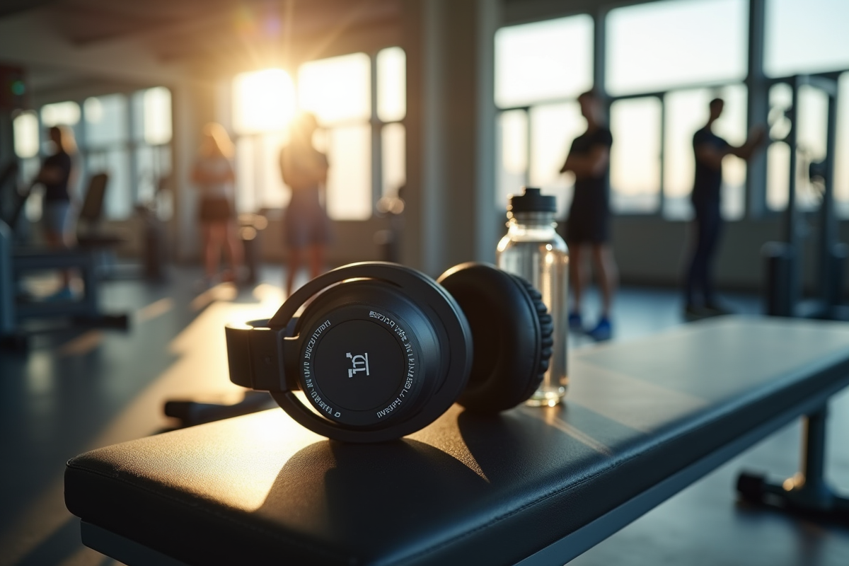 Casque de sport élégant posé sur un banc de gym avec lumière naturelle