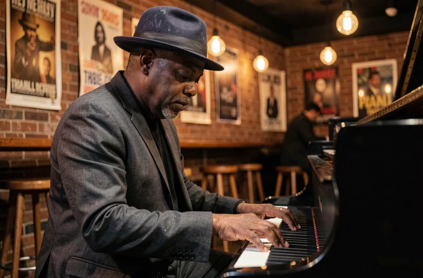 Chanteur de jazz américain au piano dans un club intimiste aux murs de briques exposées