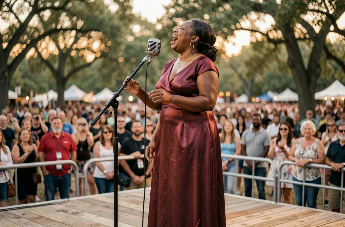 Chanteuse de blues américaine en robe bordeaux au micro lors d'un festival en plein air
