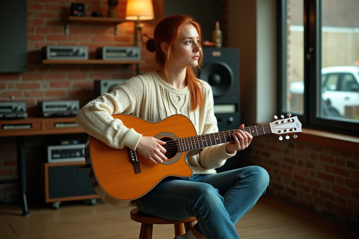 Chanteuse canadienne en studio d'enregistrement avec guitare acoustique, ambiance chaleureuse et créative
