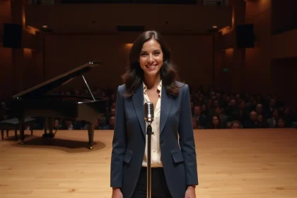 Chanteuse québécoise sur scène avec micro vintage, blazer indigo, atmosphère de concert intimiste