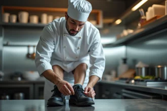 Chef en uniforme blanc ajustant ses chaussures de sécurité en cuisine