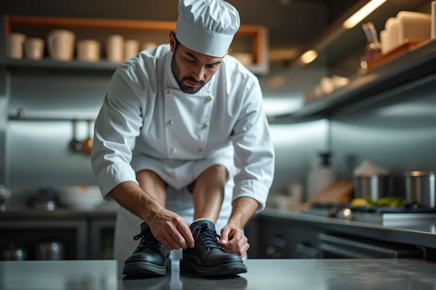 Chef en uniforme blanc ajustant ses chaussures de sécurité en cuisine