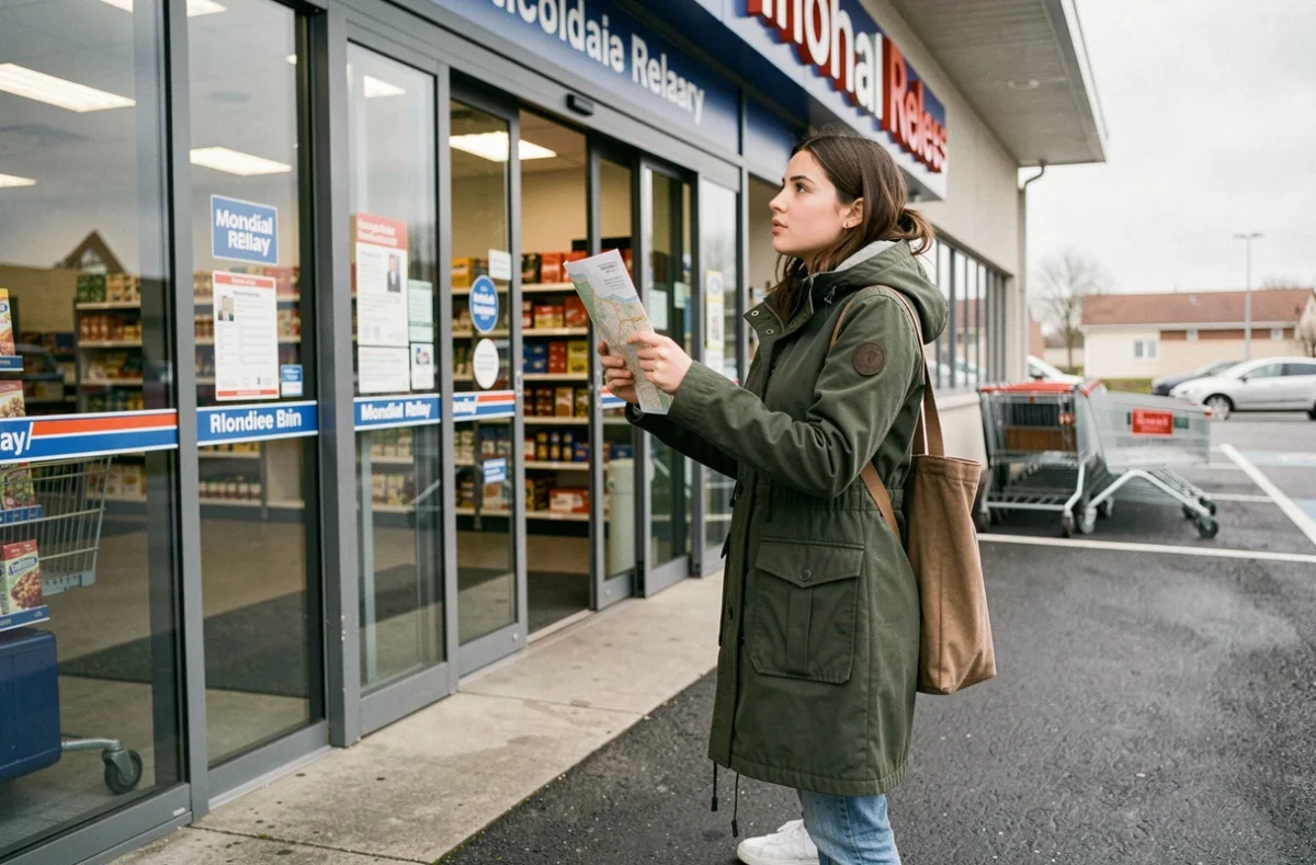 Jeune femme cherchant un point de retrait Mondial Relay à l'entrée d'un supermarché en banlieue française