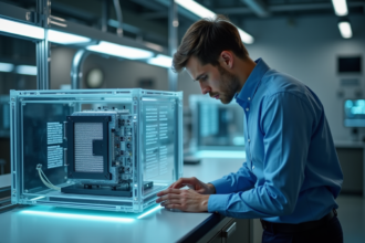 Jeune scientifique étudiant un ordinateur quantique en laboratoire