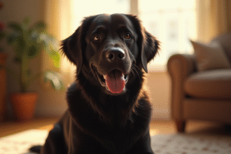 Golden retriever noir assis dans un salon ensoleille