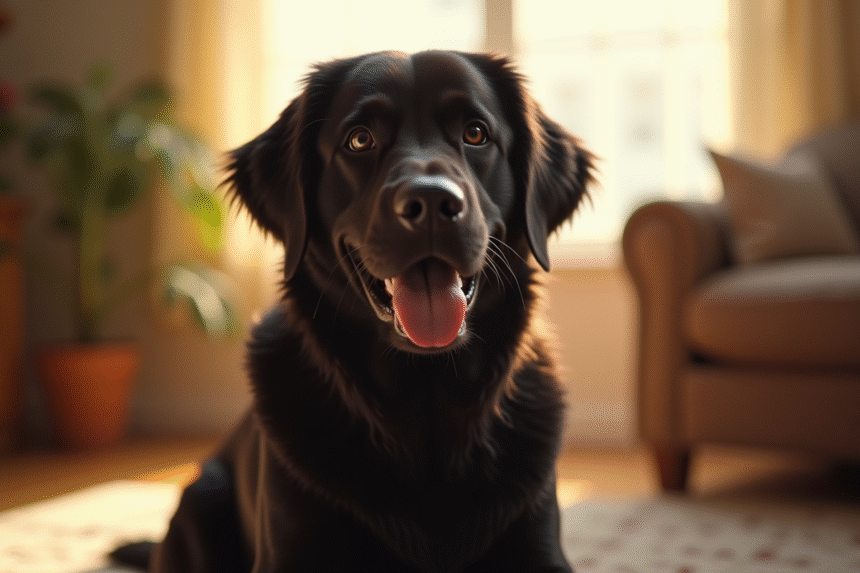 Golden retriever noir assis dans un salon ensoleille