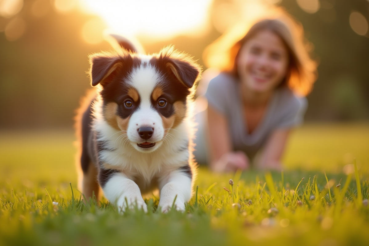 Chiot Australian Shepherd jouant dehors au soleil
