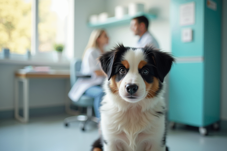 Chiot Australian Shepherd attentif chez le vétérinaire
