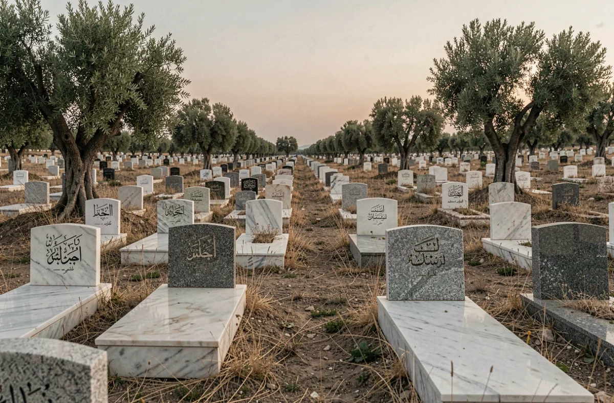 Cimetière islamique traditionnel au crépuscule avec des pierres tombales gravées en arabe évoquant la protection de la Sourate Mulk